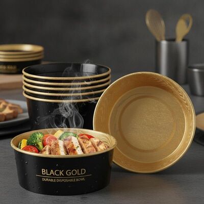 Bol en papier noir et or étanche avec papier de 230 g/m² et feuille d'or pour service alimentaire de 1,5 oz à 4 oz